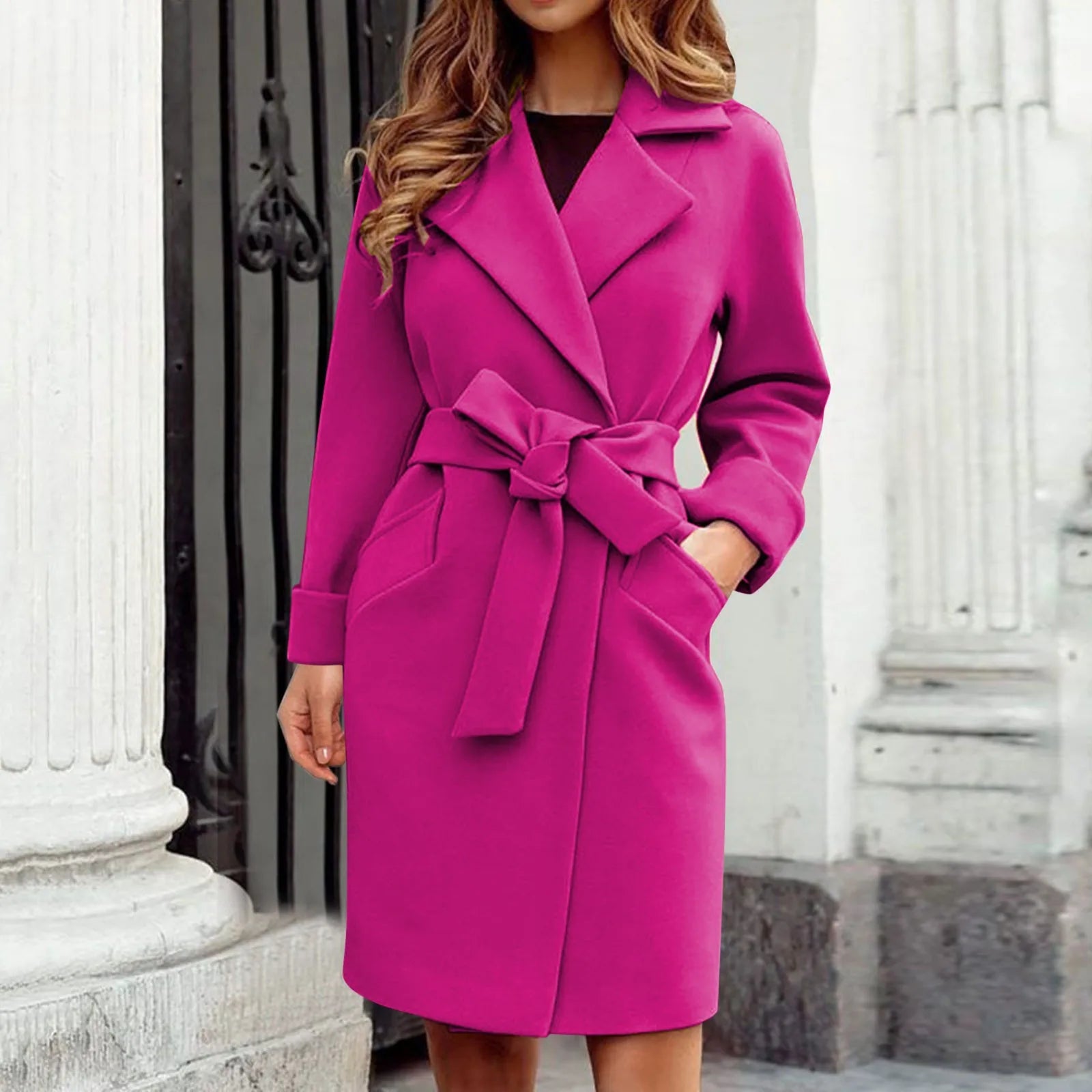 Znbbw Women Hot Pink Trench Coat Casual Mid Long Overcoat Lapel Open Front Cardigan Outwear Woolen Boot Winter Jackets for Women Print Jacket Jacquard Jacket Patchwork Jacket