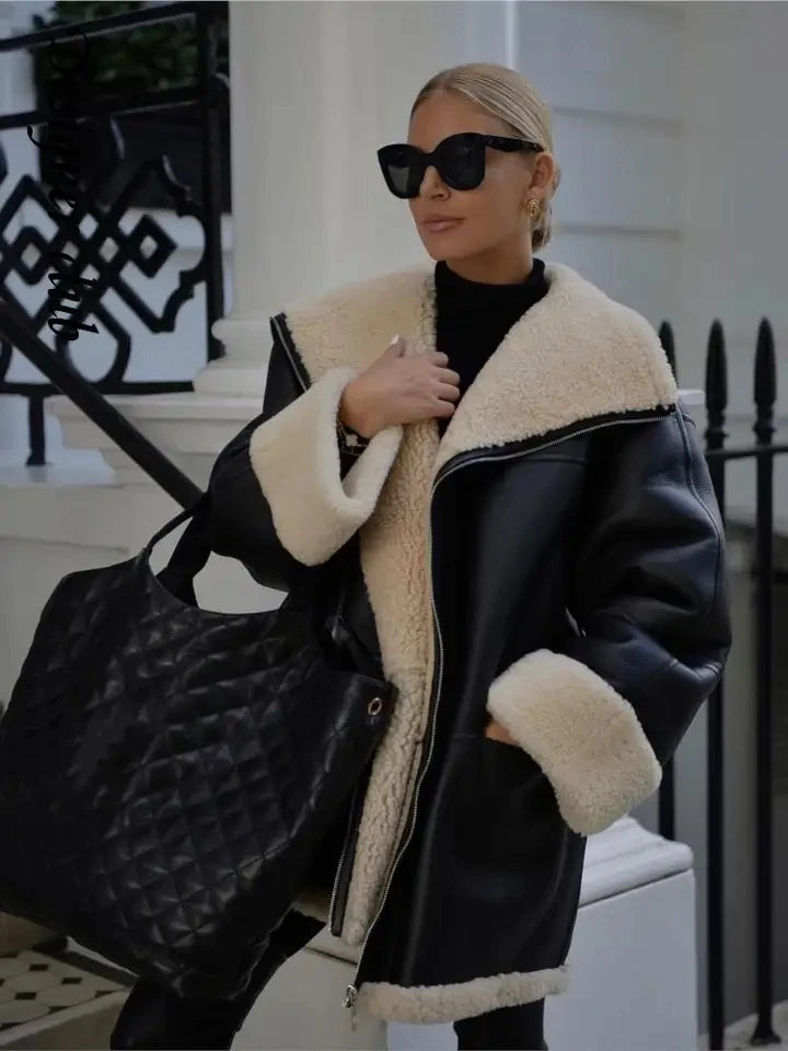 Znbbw Women's Bomber Jacket Fur Liner Autumn Winter Female Warm Faux Wool Patchwork Lapel Zipper Coat Casual Long Sleeve Outwear Zippered Jacket Buttoned Jacket Snapped Jacket