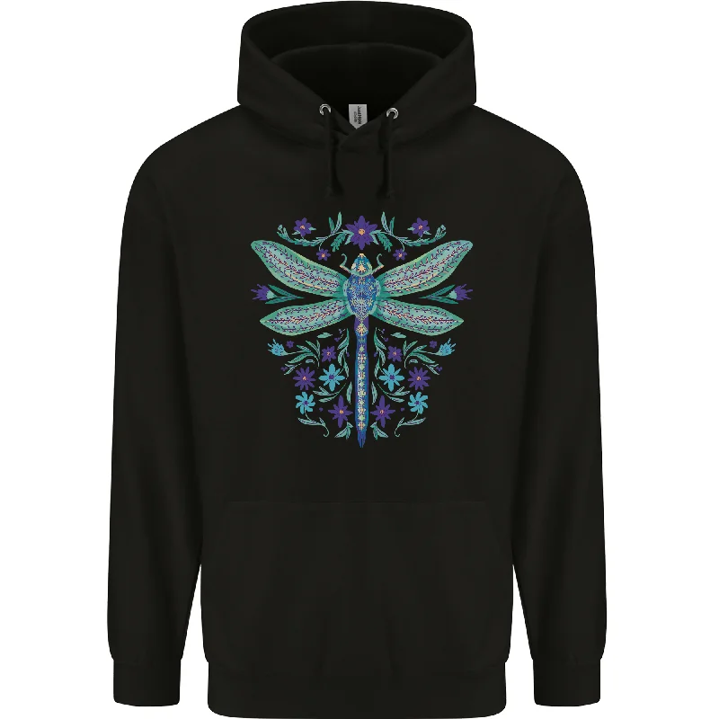 A Floral Dragonfly Mens 80% Cotton Hoodie Hoodie with Hidden Zipper Minimalist Clean