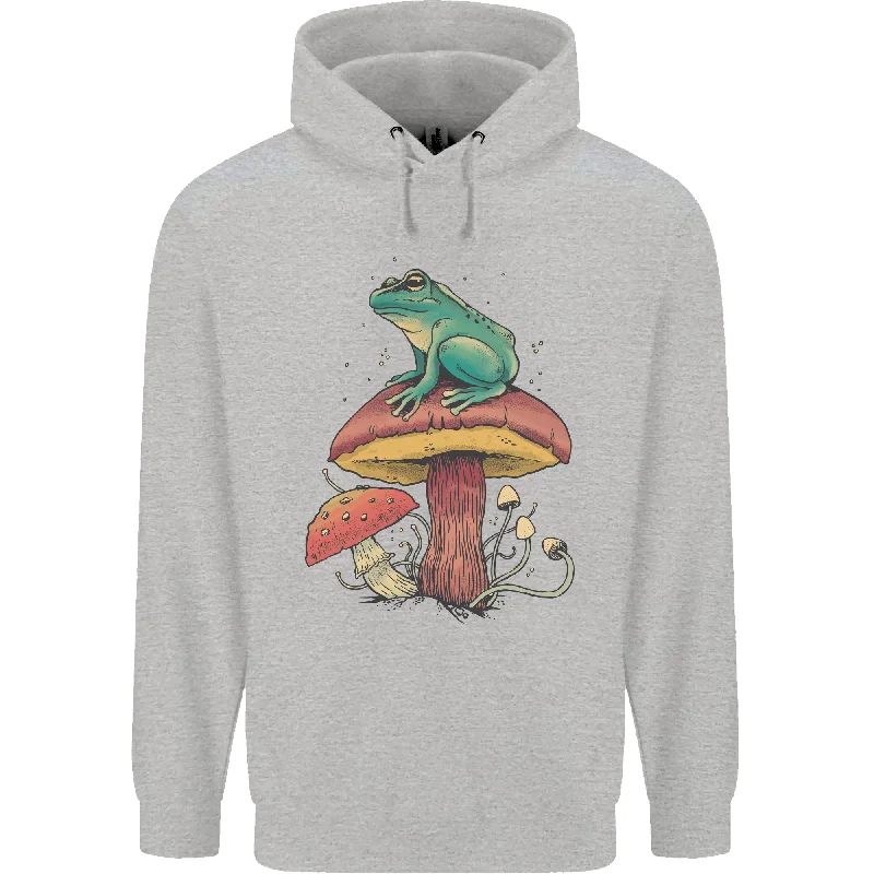 A Frog Sitting on a Mushroom Mens 80% Cotton Hoodie Hoodie with Strings Custom Fit Adjustable