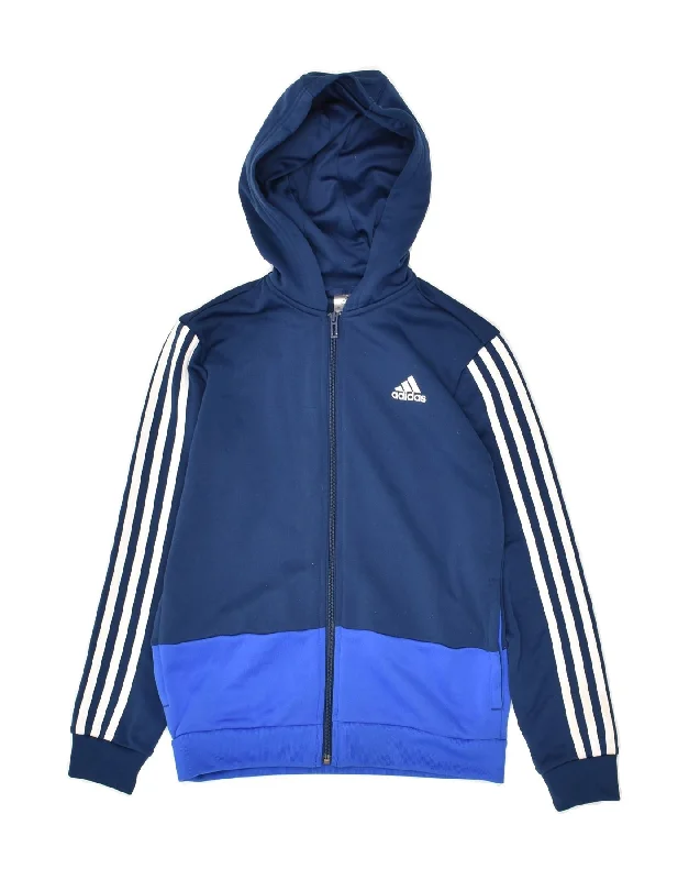 ADIDAS Boys Climalite Zip Hoodie Sweater 11-12 Years Navy Blue Colourblock Hoodie with Slim Fit Tailored Modern