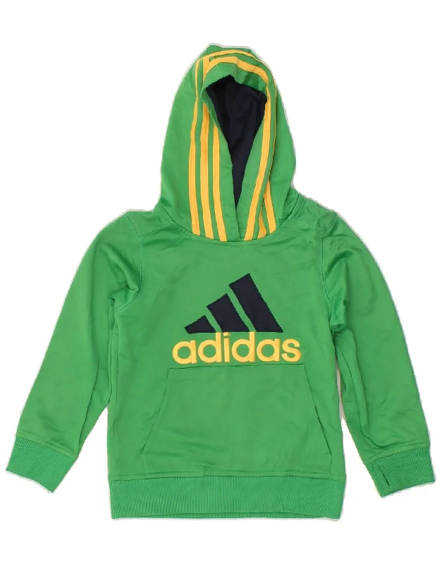 ADIDAS Boys Graphic Hoodie Jumper 5-6 Years Green Hoodie with Exposed Zipper Edgy Industrial