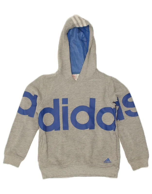 ADIDAS Boys Graphic Hoodie Jumper 9-10 Years Grey Cotton Hoodie with Snap Buttons Easy Quick