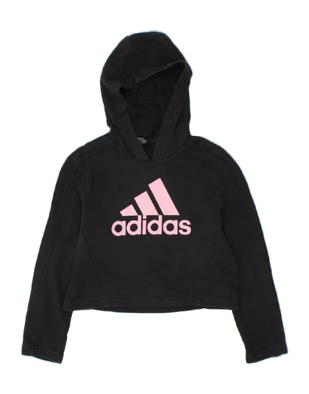 ADIDAS Girls Graphic Hoodie Jumper 9-10 Years Black Cotton Hoodie Sweatshirt Pullover