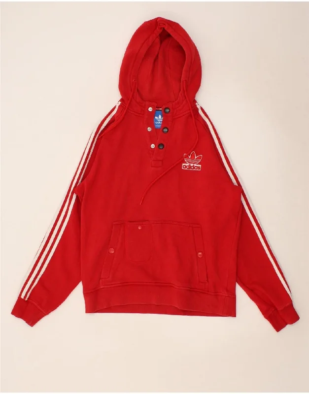 ADIDAS Mens Button Neck Hoodie Jumper Medium Red Cotton Hoodie Sweatshirt Pullover