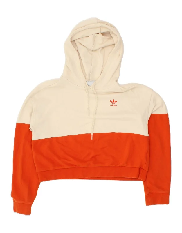 ADIDAS Womens Crop Hoodie Jumper UK 8 Small Orange Colourblock Cotton Hoodie with Side Slits Relaxed Casual ADIDAS Womens Crop Hoodie Jumper UK 8 Small Orange Colourblock Cotton Hoodie with Side Slits Relaxed Casual