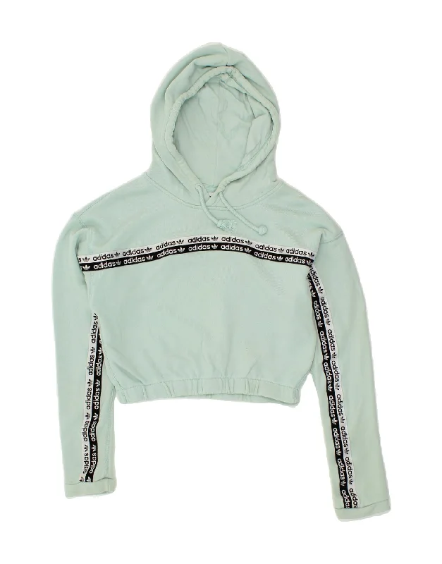 ADIDAS Womens Graphic Crop Hoodie Jumper UK 8 Small Blue Cotton Hoodie with Drawstring Waist Adjustable Fitted ADIDAS Womens Graphic Crop Hoodie Jumper UK 8 Small Blue Cotton Hoodie with Drawstring Waist Adjustable Fitted