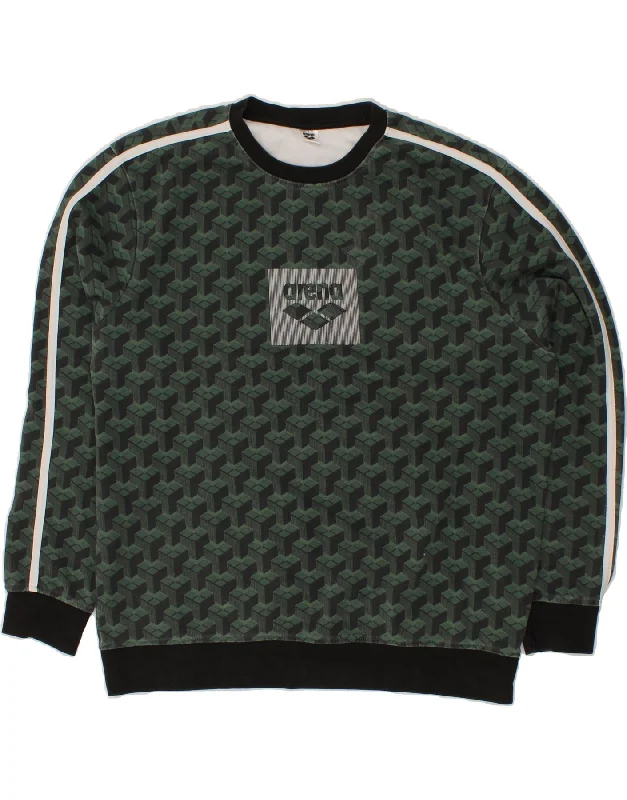 ARENA Mens Graphic Sweatshirt Jumper 2XL Green Geometric Cotton Hoodie with Ribbed Neckline Snug Warm