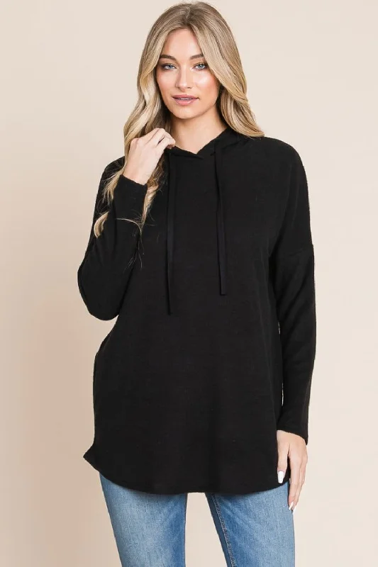 BOMBOM Contrast Drawstring Drop Shoulder Knit Hoodie In Black Hoodie with Drawcord Adjustable Secure BOMBOM Contrast Drawstring Drop Shoulder Knit Hoodie In Black Hoodie with Drawcord Adjustable Secure