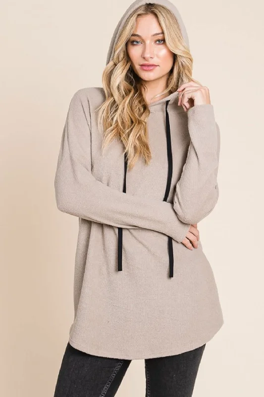 BOMBOM Contrast Drawstring Drop Shoulder Knit Hoodie In Taupe Hoodie with Metallic Shiny Futuristic BOMBOM Contrast Drawstring Drop Shoulder Knit Hoodie In Taupe Hoodie with Metallic Shiny Futuristic