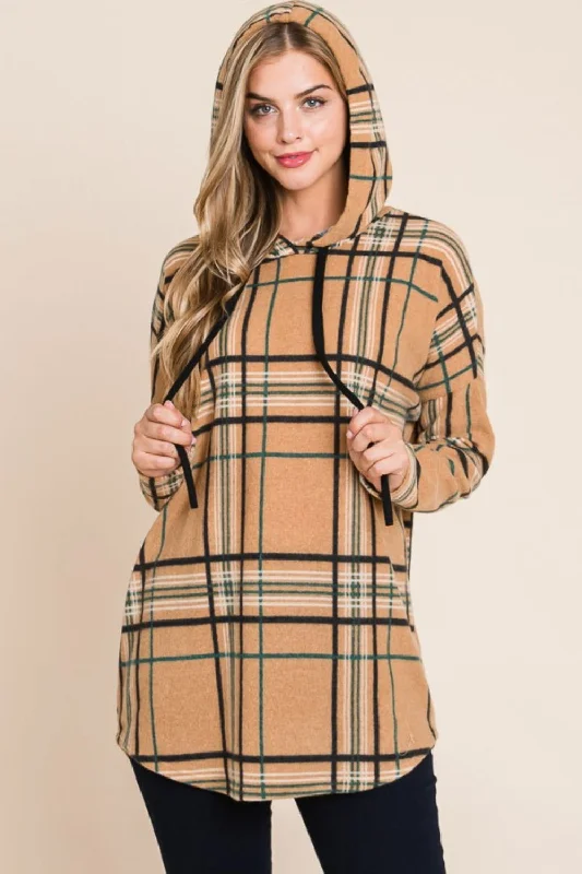 BOMBOM Drawstring Plaid Long Sleeve Hoodie Hoodie with Full-Zip Functional Layering