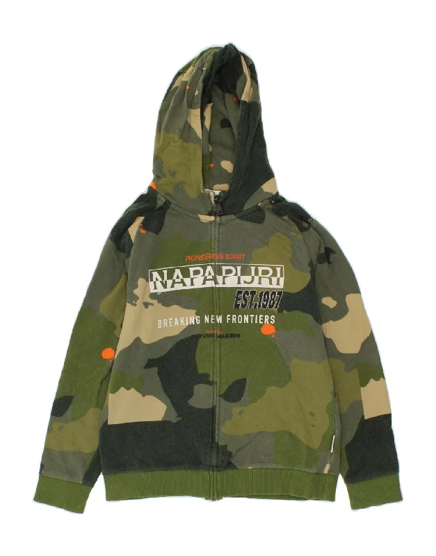 NAPAPIJRI Boys Graphic Zip Hoodie Sweater 11-12 Years Green Camouflage Hoodie with Color Block Contrast Stylish