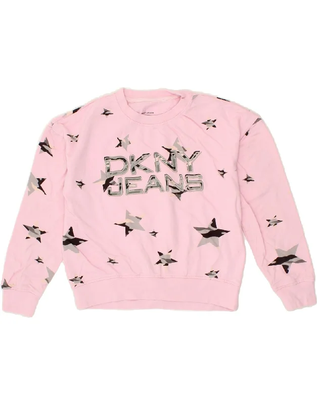 DKNY Girls Graphic Sweatshirt Jumper 12-13 Years Large  Pink Cotton Hoodie with Lining Warm Insulated
