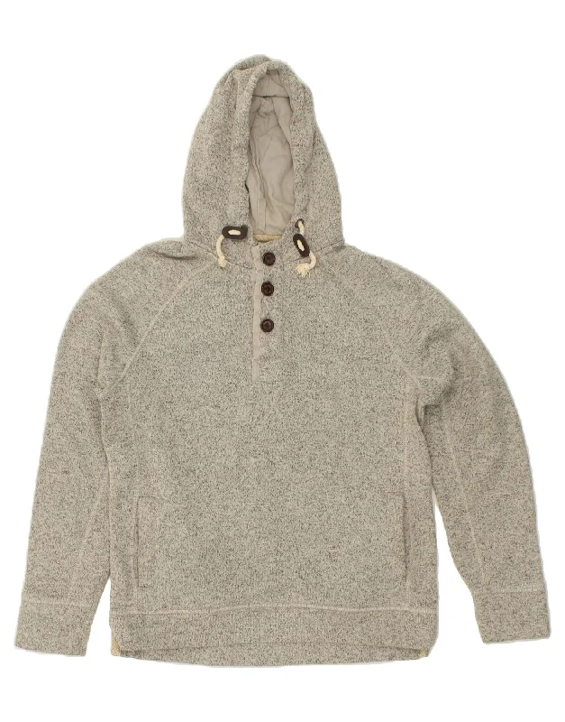 FAT FACE Mens Button Neck Hoodie Jumper Medium Grey Flecked Polyester Hoodie with Ribbed Hem Stretchable Secure