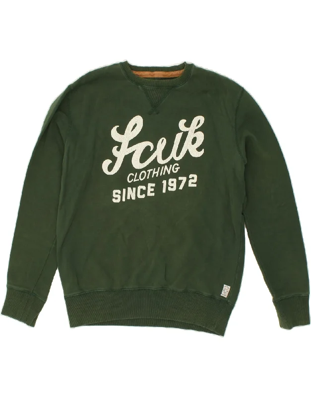 FCUK Mens Graphic Sweatshirt Jumper Medium Green Cotton Hoodie with Hem Frayed Vintage Worn