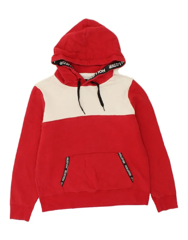 HOLLISTER Mens Graphic Hoodie Jumper Large Red Colourblock Cotton Hoodie with Frayed Bohemian Relaxed HOLLISTER Mens Graphic Hoodie Jumper Large Red Colourblock Cotton Hoodie with Frayed Bohemian Relaxed