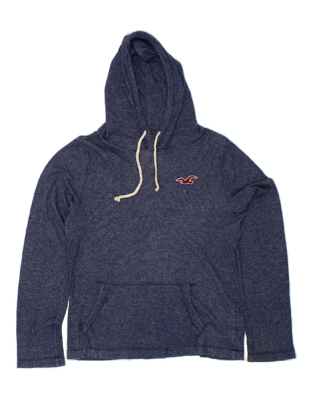 HOLLISTER Mens Hoodie Jumper Medium Blue Flecked Cotton Hoodie with Hem Drawcord Adjustable Customizable