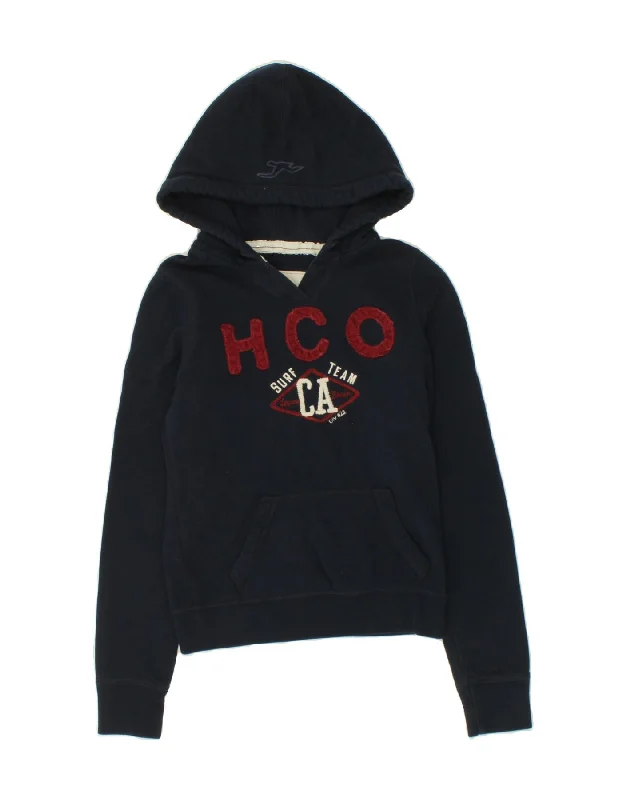 HOLLISTER Womens Graphic Hoodie Jumper UK 14 Medium Navy Blue Cotton Hoodie with Sequins Glamorous Eye-catching