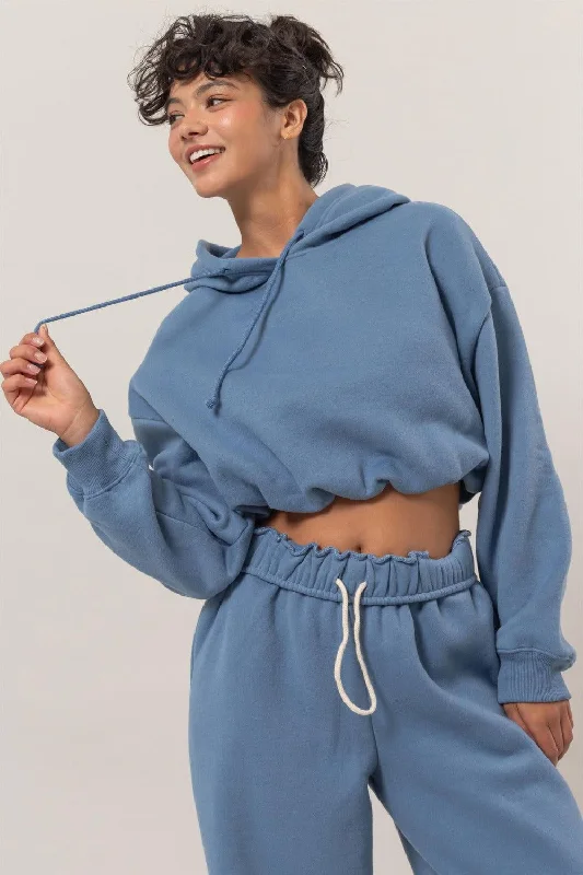 HYFVE Bubble Hem Cropped Hoodie In Blue Hoodie with Hem Drawcord Adjustable Customizable HYFVE Bubble Hem Cropped Hoodie In Blue Hoodie with Hem Drawcord Adjustable Customizable