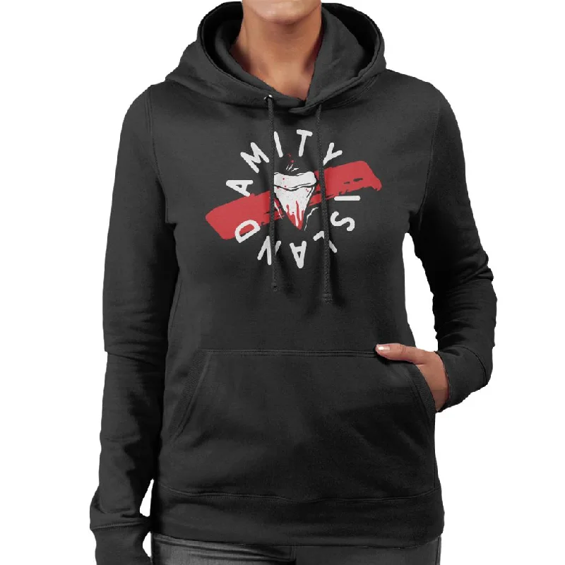 Jaws Tooth Amity Island Women's Hooded Sweatshirt Hoodie with Hem Frayed Vintage Worn Jaws Tooth Amity Island Women's Hooded Sweatshirt Hoodie with Hem Frayed Vintage Worn