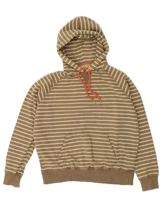 JOULES Womens Hoodie Jumper UK 16 Large Brown Striped Cotton Hoodie with Hem Embroidery Detailed Premium