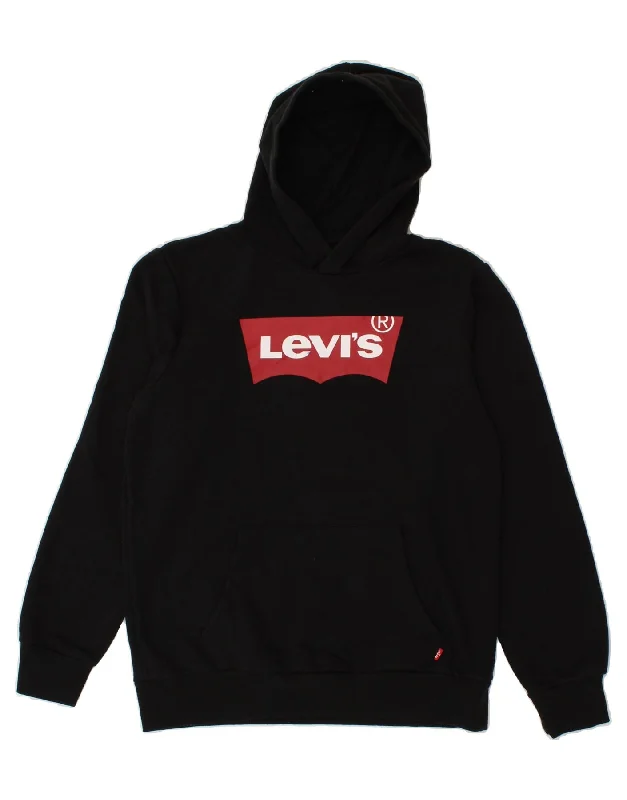 LEVI'S Boys Graphic Hoodie Jumper 13-14 Years XL Black Cotton Hoodie with Color Block Contrast Stylish