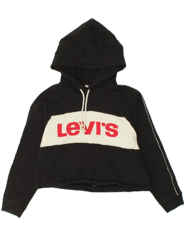 LEVI'S Womens Crop Graphic Hoodie Jumper UK 14 Medium Black Colourblock Hoodie with Camouflage Military Edgy