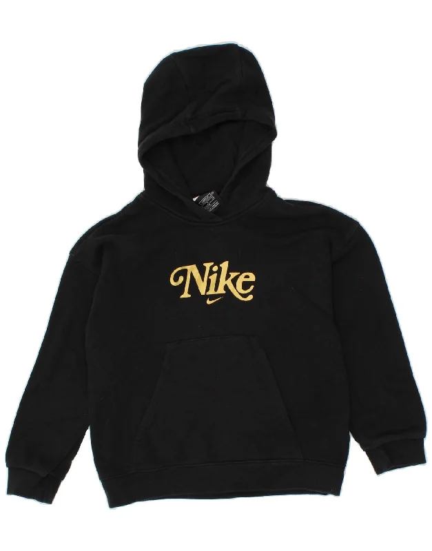 NIKE Girls Loose Fit Hoodie Jumper 8-9 Years Small Black Cotton Hoodie with Patch Decorative Personalized