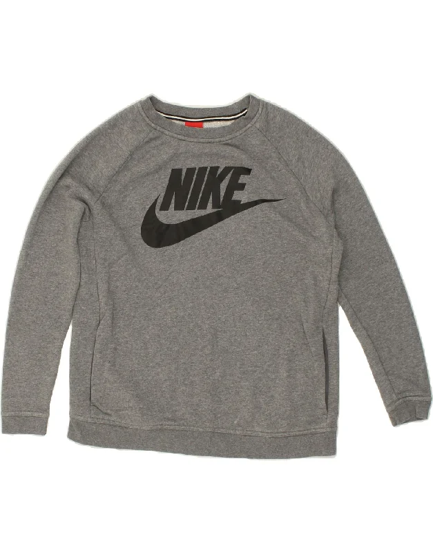 NIKE Mens Graphic Sweatshirt Jumper Medium Grey Cotton Hoodie with Hem Embroidery Detailed Premium NIKE Mens Graphic Sweatshirt Jumper Medium Grey Cotton Hoodie with Hem Embroidery Detailed Premium