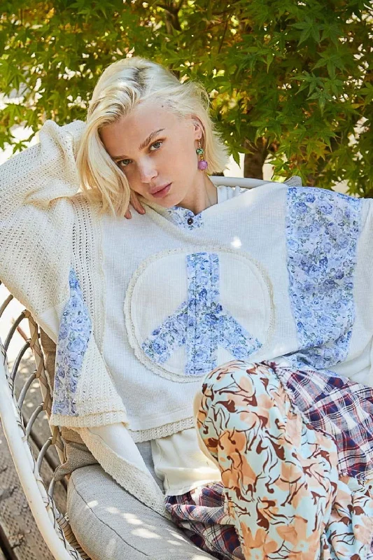 POL Long Sleeve Floral Peace Patch Ribbed Hoodie In Ivory Hoodie with Turtle Neck Cozy Winter POL Long Sleeve Floral Peace Patch Ribbed Hoodie In Ivory Hoodie with Turtle Neck Cozy Winter