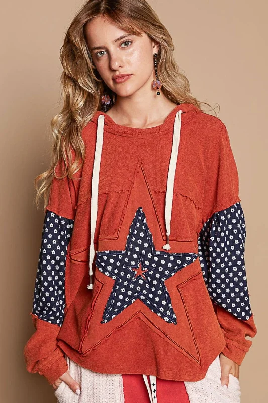 POL Star Patchwork Raw Edge French Terry Hoodie In Orange Hoodie with Batwing Sleeves Loose Dramatic POL Star Patchwork Raw Edge French Terry Hoodie In Orange Hoodie with Batwing Sleeves Loose Dramatic