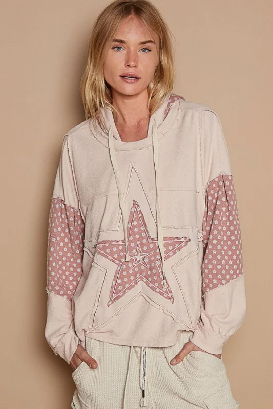 POL Star Patchwork Raw Edge French Terry Hoodie In Rose Hoodie with Snap Buttons Easy Quick POL Star Patchwork Raw Edge French Terry Hoodie In Rose Hoodie with Snap Buttons Easy Quick