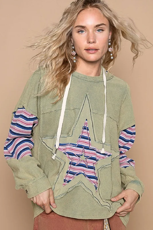 POL Star Patchwork Raw Edge French Terry Hoodie Hoodie with Cuffed Sleeves Snug Secure POL Star Patchwork Raw Edge French Terry Hoodie Hoodie with Cuffed Sleeves Snug Secure