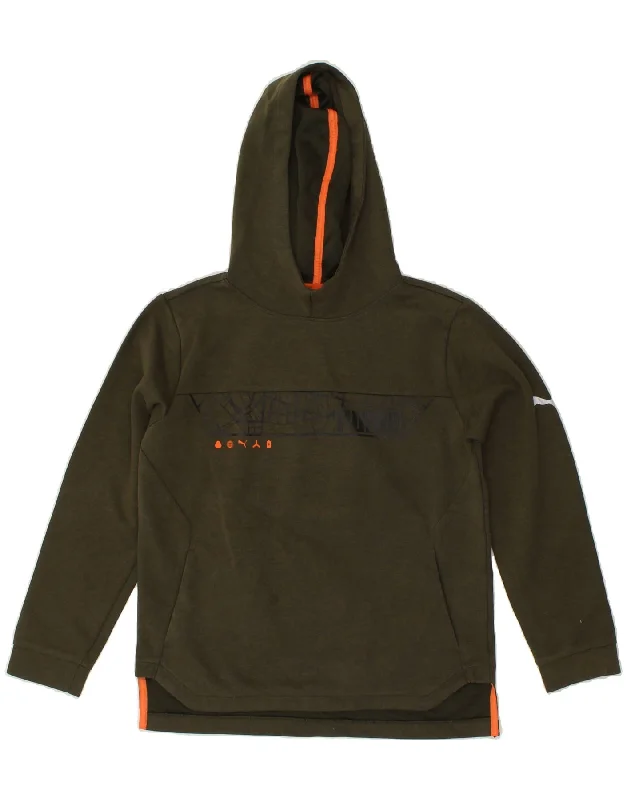 PUMA Boys Graphic Hoodie Jumper 11-12 Years Khaki Polyester Hoodie with Raglan Sleeves Sporty Comfortable