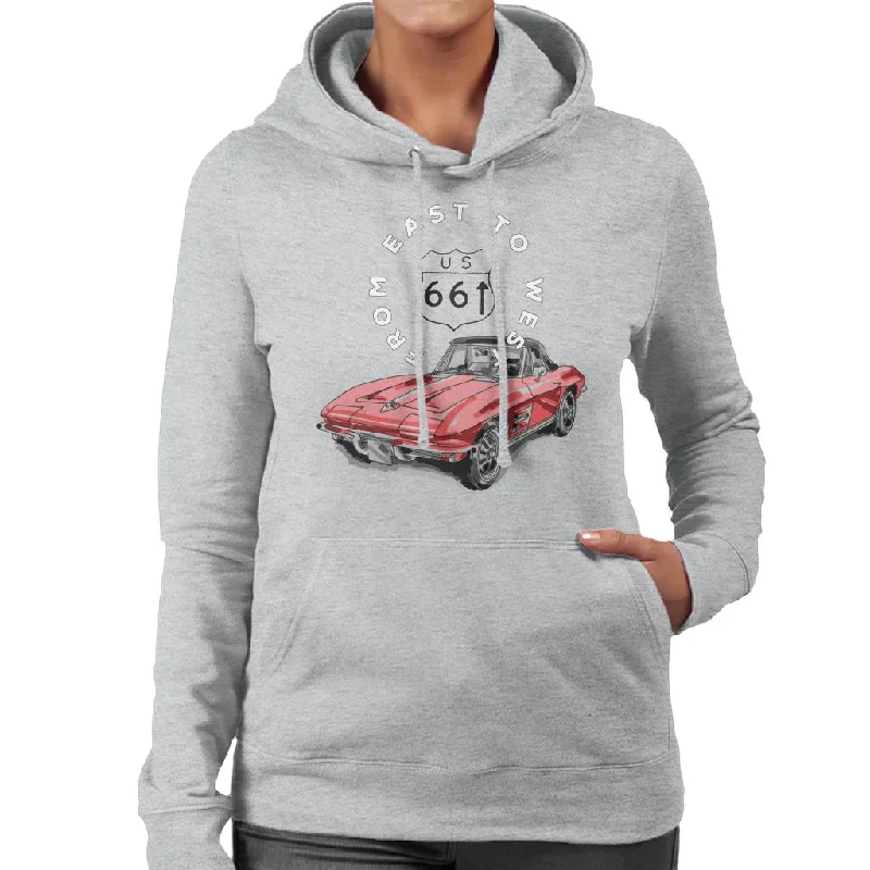 Route 66 From East To West Car Women's Hooded Sweatshirt Zip Hoodie Drawstring Kangaroo Pocket