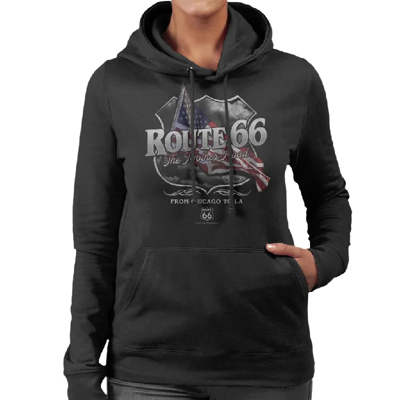 Route 66 Mother Road American Flag Women's Hooded Sweatshirt Hoodie with Zipper Placket Modern Functional