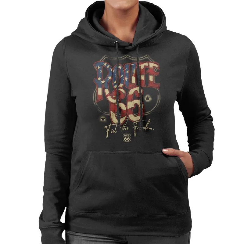 Route 66 US Flag Text Women's Hooded Sweatshirt Hoodie with Half-Zip Sporty Casual