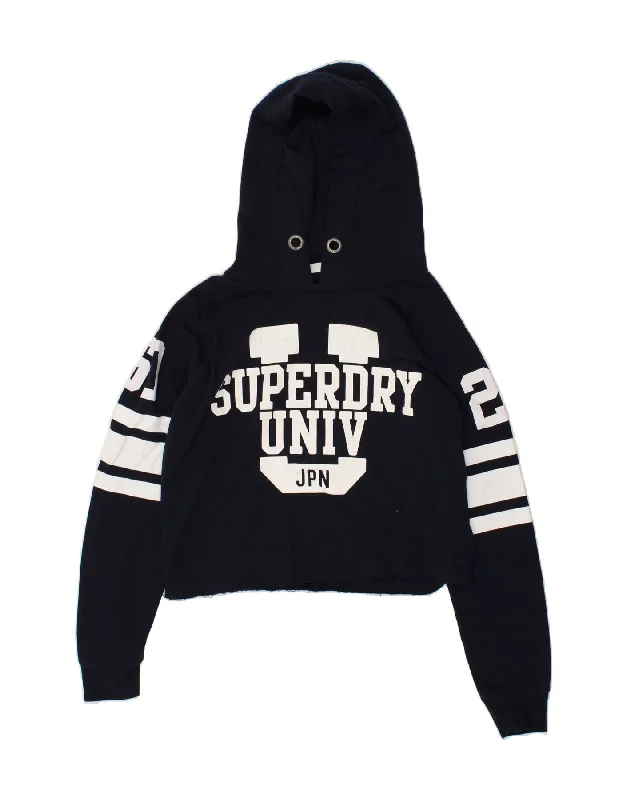 SUPERDRY Womens Crop Graphic Hoodie Jumper UK 16 Large Navy Blue Zip Hoodie Drawstring Kangaroo Pocket SUPERDRY Womens Crop Graphic Hoodie Jumper UK 16 Large Navy Blue Zip Hoodie Drawstring Kangaroo Pocket