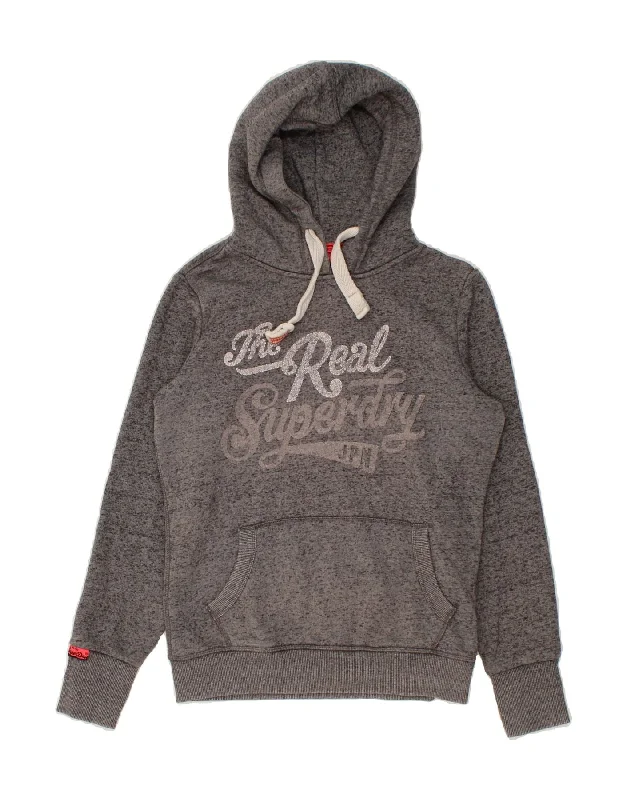 SUPERDRY Womens Graphic Hoodie Jumper UK 10 Small Grey Flecked Cotton Hoodie with Stripes Bold Sporty SUPERDRY Womens Graphic Hoodie Jumper UK 10 Small Grey Flecked Cotton Hoodie with Stripes Bold Sporty