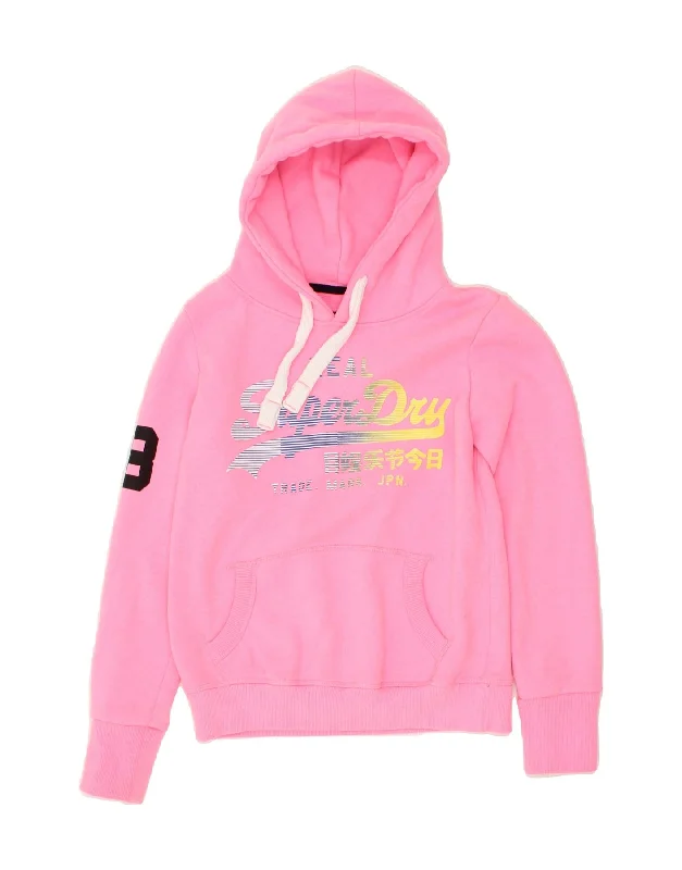 SUPERDRY Womens Graphic Hoodie Jumper UK 10 Small Pink Cotton Hoodie with Back Slit Movement Comfort SUPERDRY Womens Graphic Hoodie Jumper UK 10 Small Pink Cotton Hoodie with Back Slit Movement Comfort