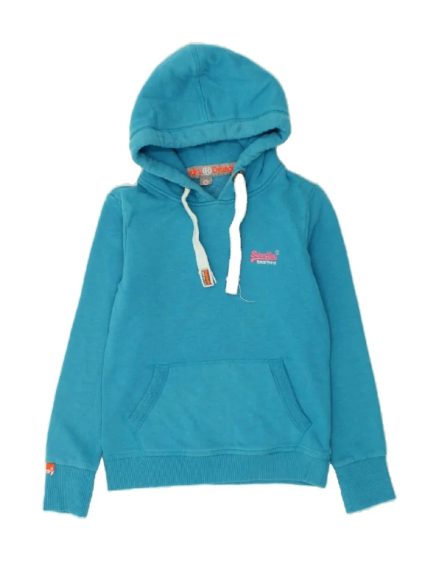 SUPERDRY Womens Hoodie Jumper UK 10 Small Blue Cotton Hoodie with Rolled Sleeves Casual Relaxed SUPERDRY Womens Hoodie Jumper UK 10 Small Blue Cotton Hoodie with Rolled Sleeves Casual Relaxed