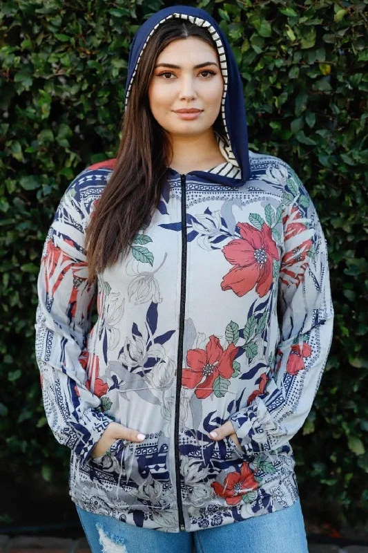 Tasha Apparel Full Size Floral Zip Up Hoodie Hoodie with Button Classic Timeless