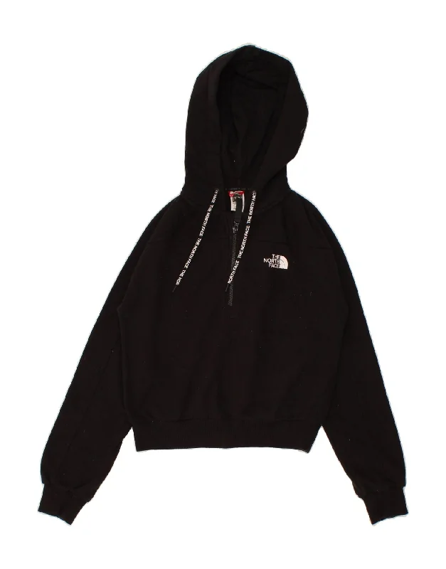 THE NORTH FACE Womens Crop Zip Neck Hoodie Jumper UK 10 Small Black Cotton Hoodie with Raw Hem Edgy Unfinished THE NORTH FACE Womens Crop Zip Neck Hoodie Jumper UK 10 Small Black Cotton Hoodie with Raw Hem Edgy Unfinished