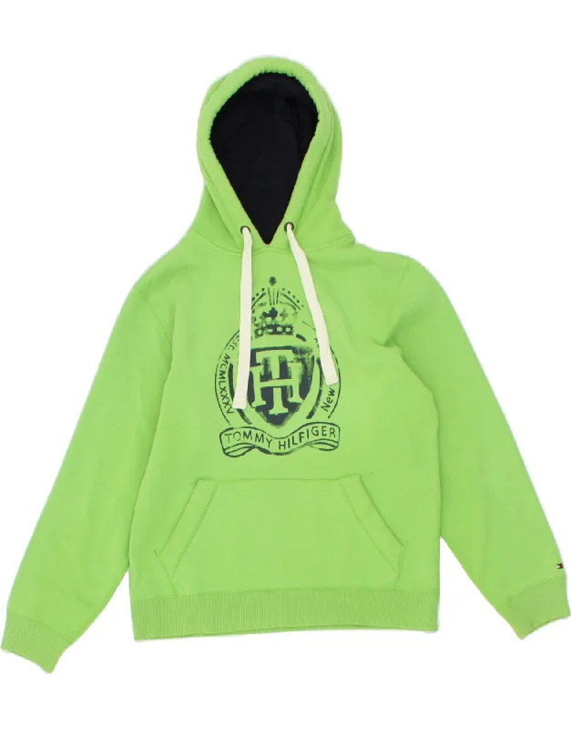 TOMMY HILFIGER Mens Graphic Hoodie Jumper Medium Green Cotton Hoodie with Toggle Buttons Decorative Unique