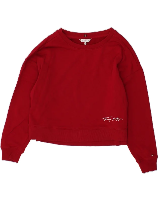 TOMMY HILFIGER Womens Oversized Crop Sweatshirt Jumper UK 6 XS Red Hoodie with Strings Custom Fit Adjustable TOMMY HILFIGER Womens Oversized Crop Sweatshirt Jumper UK 6 XS Red Hoodie with Strings Custom Fit Adjustable