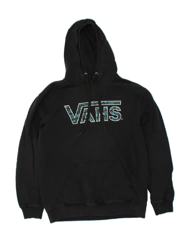 VANS Womens Graphic Hoodie Jumper UK 18 XL Black Cotton Hoodie with Hem Embroidery Detailed Premium