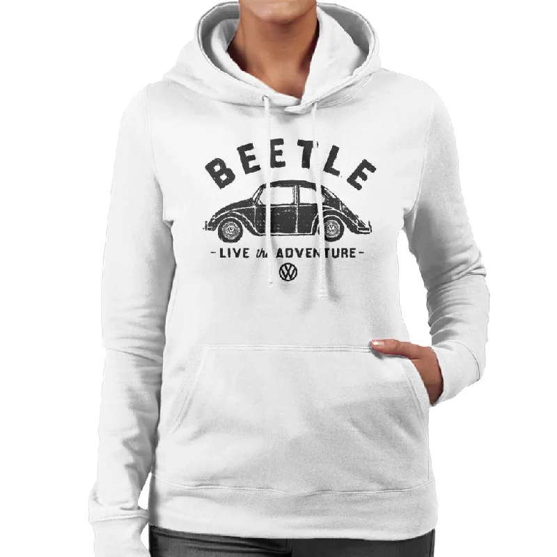 Volkswagen Beetle Black Live The Adventure Retro Slogan Women's Hooded Sweatshirt Hoodie with Full-Zip Functional Layering