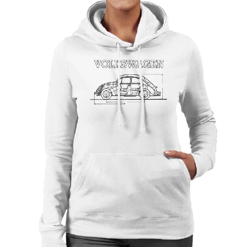 Volkswagen Beetle Black Technical Schematic Women's Hooded Sweatshirt Hoodie with Hem Elastic Stretchable Comfortable