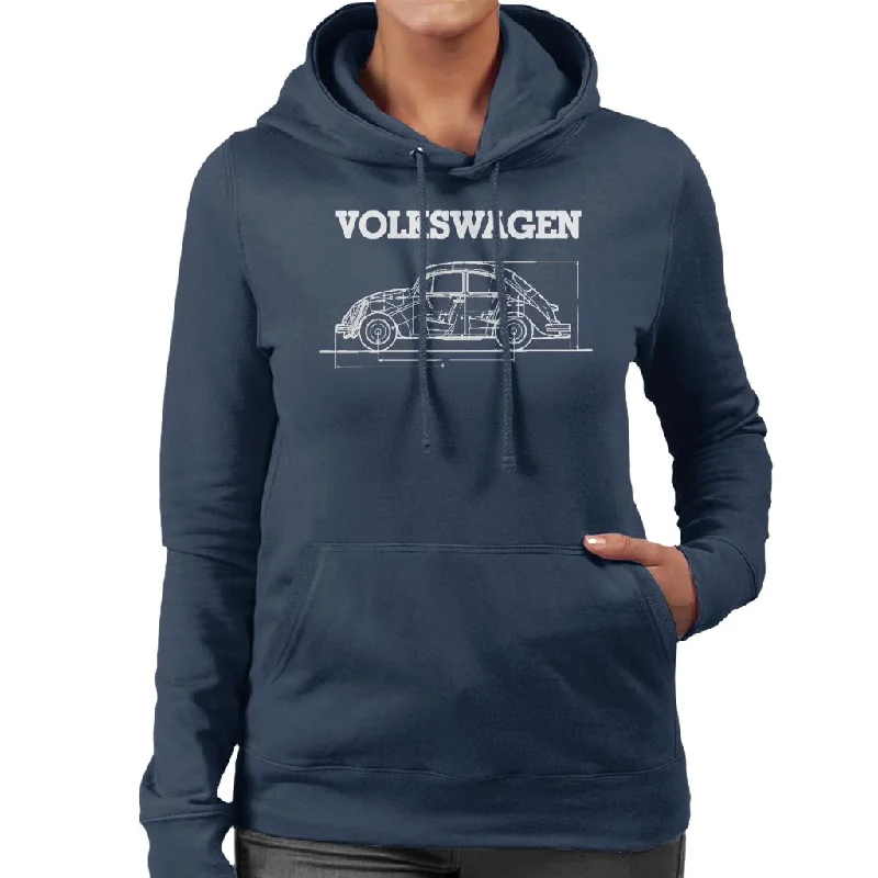 Volkswagen Beetle White Schematic Technical Outline Women's Hooded Sweatshirt Hoodie with Back Slit Movement Comfort