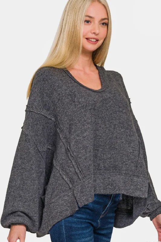 Zenana Brushed Hacci Exposed Seam Hoodie Hoodie with Mesh Breathable Sporty